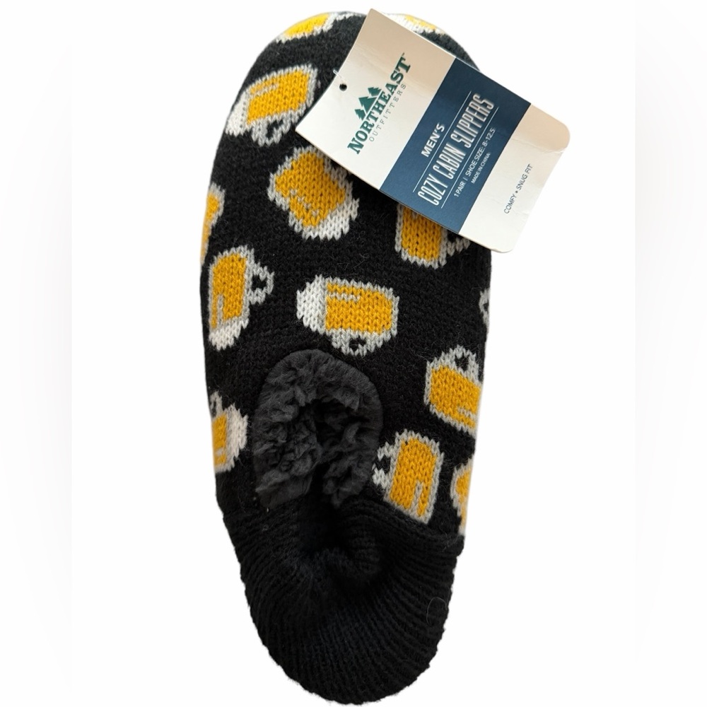 Men’s Cozy Cabin Slippers Beer Mug Print House Shoes Black L 8-12.5 NWT
